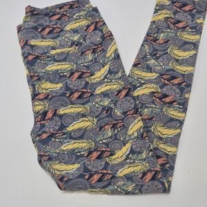 LuLaRoe TC Leggings Blue with Yellow and Coral  Feathers